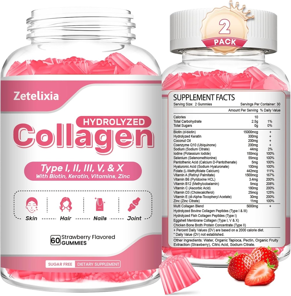 2 Πακέτο Κολλαγόνο Gummies για γυναίκες άνδρες, Hydrolyzed Collagen Peptide Type I,II,III,V,X με Βιοτίνη, Βιταμίνη C A B D E για Δερμάτινα Καρφάκια Μαλλιά J0ints, Ανοσία Energy Digetion, Ζάχαρη Δωρεάν, 120 Count