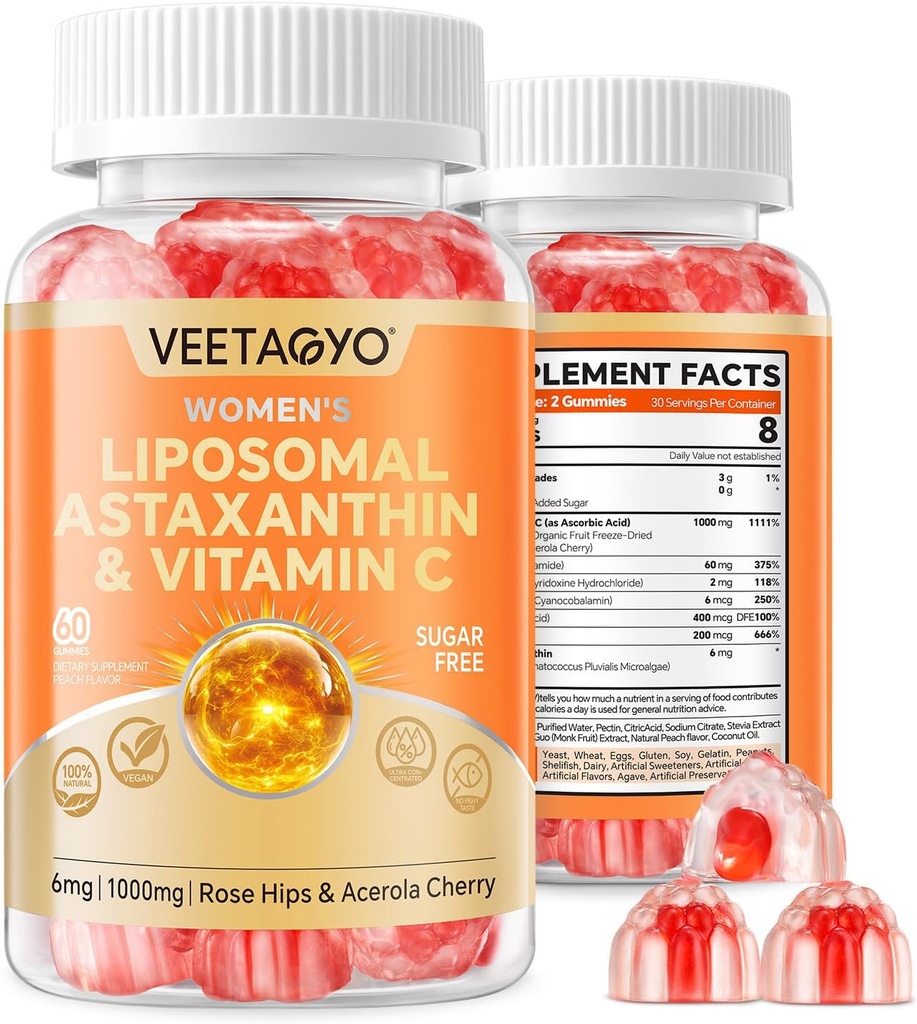 Ασταξανθίνη Συμπληρώματα 6mg + Λιποσωμική Βιταμίνη C 1000mg - Διπλή Στρώση - Νιασίνη B6,B12,Folate,Biotin - Αντιοξειδωτικά - Ζελατίνη Χωρίς,Ζάχαρη Χωρίς,60Cts