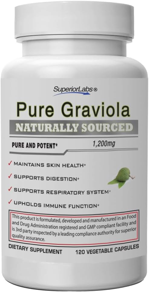 Superior Labs Graviola 1200mg, Pure Natural Non-GMO Herbal Antioxidant, Immune & Respiratory Support, Promotes Healthy Skin, Cell Growth & Balanced Mood, High-Potency Extract, 120 Veg Capsules