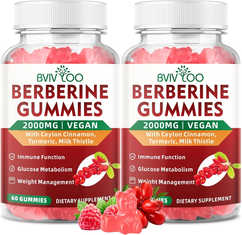2 Συσκευασία βερβερίνες Gummies, 2000mg υψηλής ισχύος συμπλήρωμα βερβερίνης HCI, Plus Ceylon Κανέλα, Γαϊδουράγκαθο γάλακτος για γυναίκες και άνδρες, ανοσοποιητικό σύστημα & Μεταβολισμός Υποστήριξη - 120 Gummies