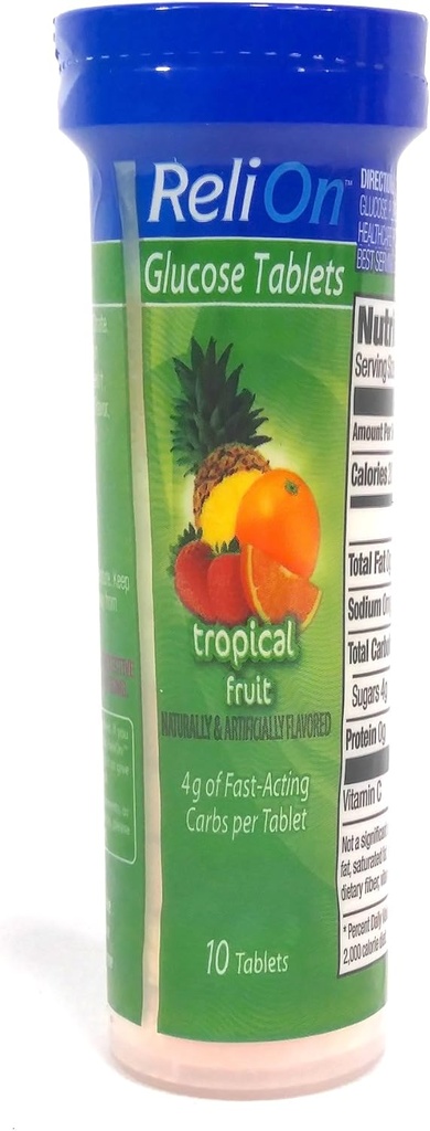 ReliOn Glucose Tropical Fruit Tables, On- The- Go Tube, 10 Tablets.