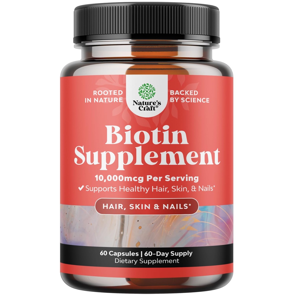 Natures Craf 10000 mcg Pure Biotin χάπια για γυναίκες άνδρες - Προάγει Thicker και Fuller μαλλιά. Φυσικό συμπλήρωμα για γυαλιστερή παχιά ανάπτυξη μαλλιών - Χορτοφαγικές κάψουλες βιταμίνης - Πάρτε σαφές δέρμα ισχυρά νύχια