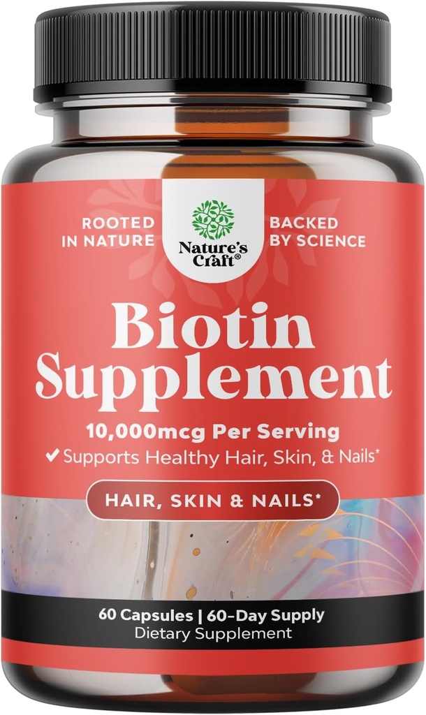 Natures Craft 10000 mcg Pure Biotin Pills for Women Men - Promotes Thicker and Fuller Hair. Natural Supplement for Shiny Thick Hair Growth - Vegetarian Vitamin Capsules - Get Clear Skin Strong Nails