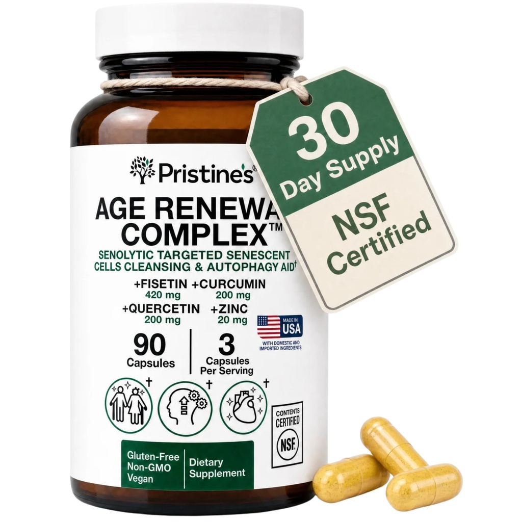 Age Renewal Complex - Senescent Cell Removal & Cellular Health Support - Fisetin, Quercetin, Curcumin, Zinc -Senolytic & Autophagy Aid Supplement-NSF Certified, 3rd Party Tested USA Made Glass Bottle