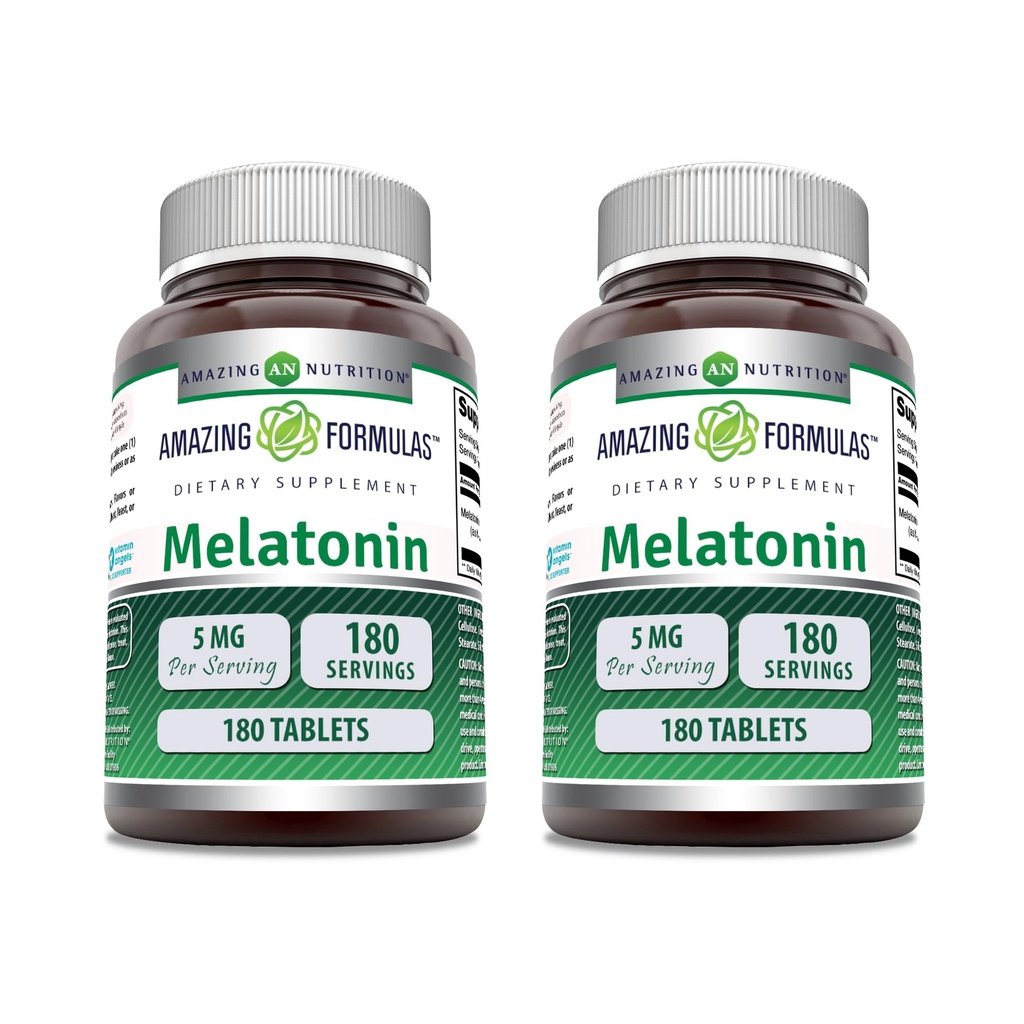 Amazing Formulas Melatonin Supplement | 5 Mg Per Serving | 180 Tablets | Non-GMO | Gluten Free | Made in USA | Pack of 2
