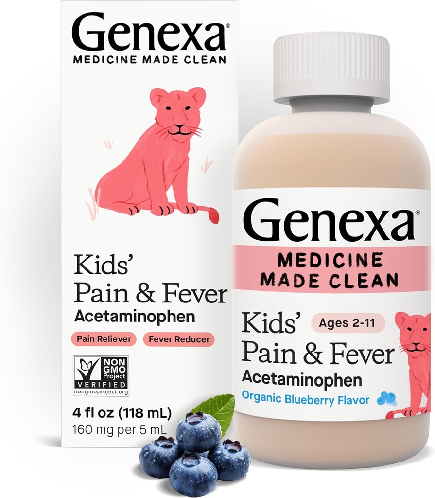 Genexa Παιδική Ακεταμινοφαίνη Πόνος & Πυρετός Στοματική Αναστολή Ιατρική - 4oz - Για Παιδιά 2 - 11 ετών, Προσωρινά ανακουφίζει τον πόνο και τα συμπτώματα πυρετού, 160 mg ανά 5 mL- Βιολογικό άρωμα βατόμουρου