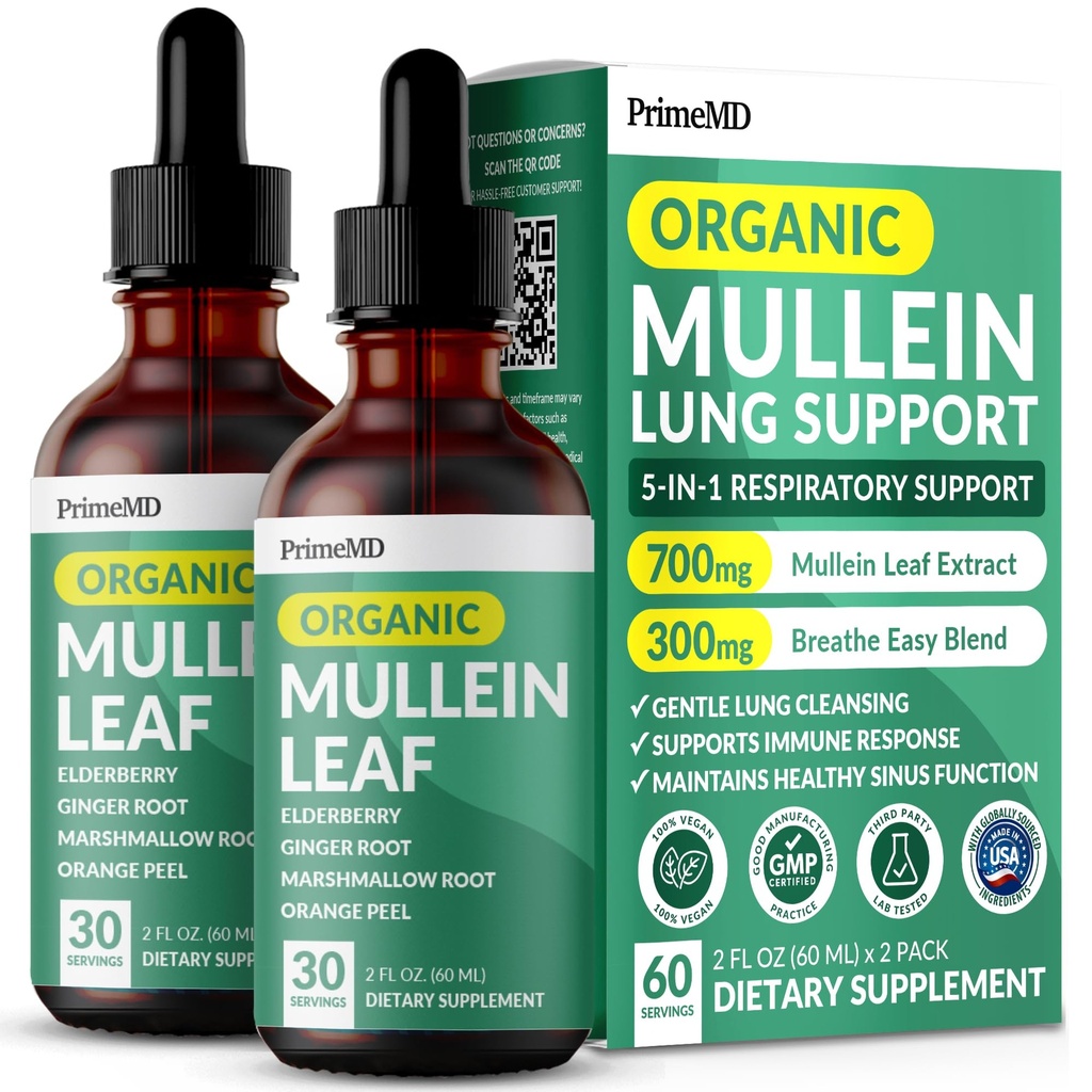 5-in-1 Mullein Drops for Lungs and Bronchial - Αναπνευστική Lung Health Support with Mullen Leaf Extract for Lungs - Mullein Tincture with Elderberry, Echinacea and Ginger Root (60 Servings) (2-pack)