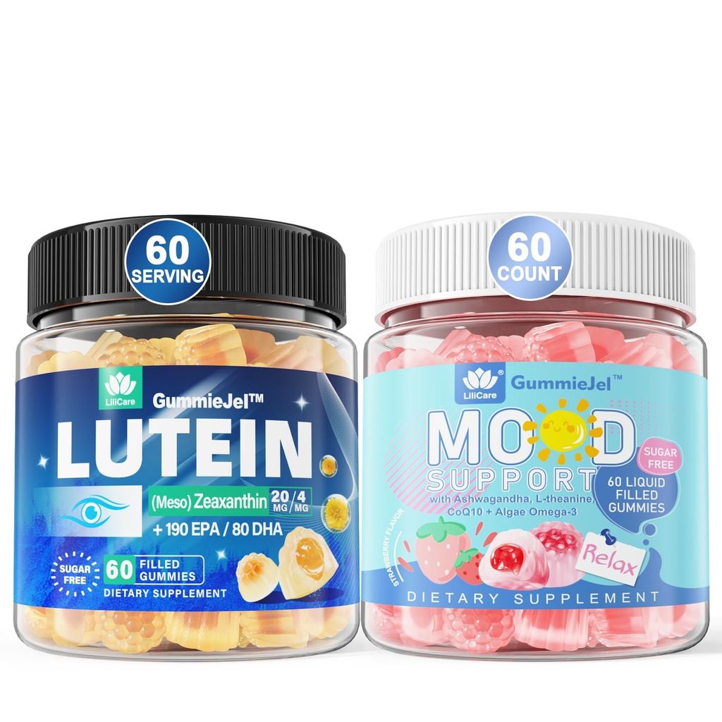 LILICARE Sugar Free Lutein 20mg Zeaxanthin Filled Gummies + Natural Calm Filled Gummies for Adults with Ashwagandha and Vegan Omega 3