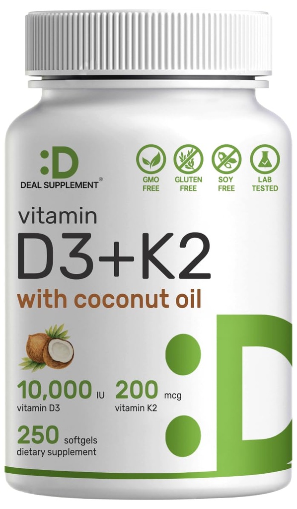 ΛΕΠΤΟΜΕΡΗΣ ΣΥΜΠΛΗΡΩΜΑ Βιταμίνη D3 10.000 IU + K2 MK7 200mcg Softgels, 250 Count 