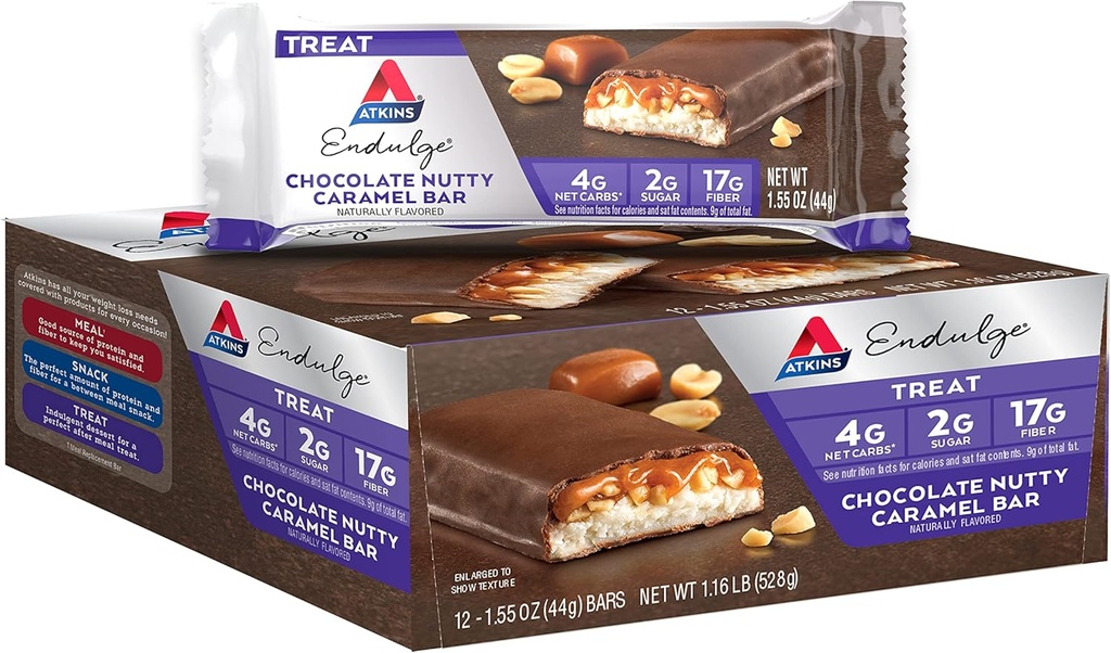 Atkins Endulge Σοκολάτα Nutty Caramel Bar, Γλυκό Αγαπημένο, 2g Ζάχαρη, Υψηλή σε Fiber, Keto Φιλικό, 12 κόμης