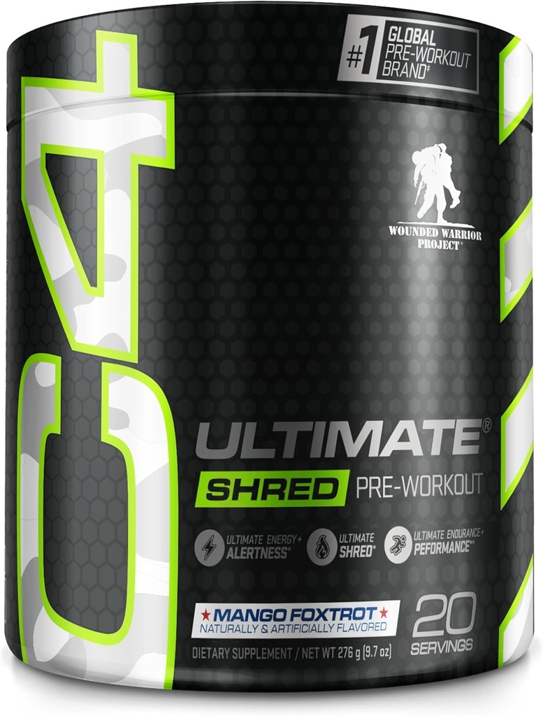 Cellucor C4 Ultimate Shred x Wounded Warrior Project Pre Workout Powder, Fat Burner for Men & Women, συμπλήρωμα απώλειας βάρους με εκχύλισμα ρίζας Ginger, Mango Foxtrot, 20 υπηρεσίες (Pack of 1)