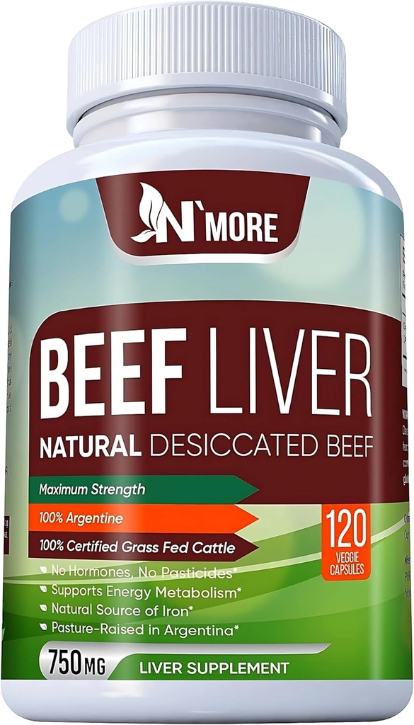 N'More Beef Liver Capsules – 100% Grass Fed & Undefatted Argentine Liver – Natural Iron, B12 & CoQ10 for Energy, Brain & Immune Support – 120 Capsules, 750mg