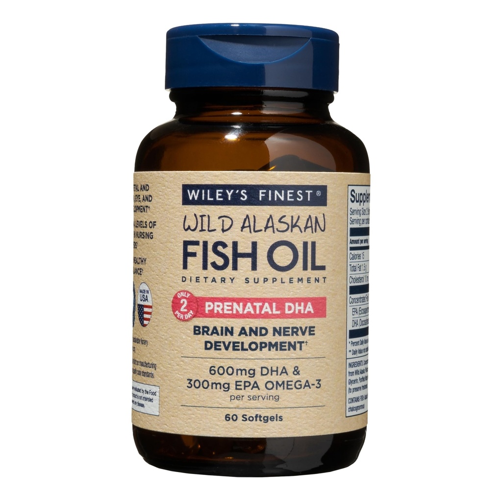 Wiley's Finest Wild Alaskan Fish Oil Prenatal DHA - 900mg EPA και DHA Omega-3s για έγκυες γυναίκες και θηλάζουσες μητέρες - 60 Softgels (30 προγεννητικές υπηρεσίες βιταμίνης)