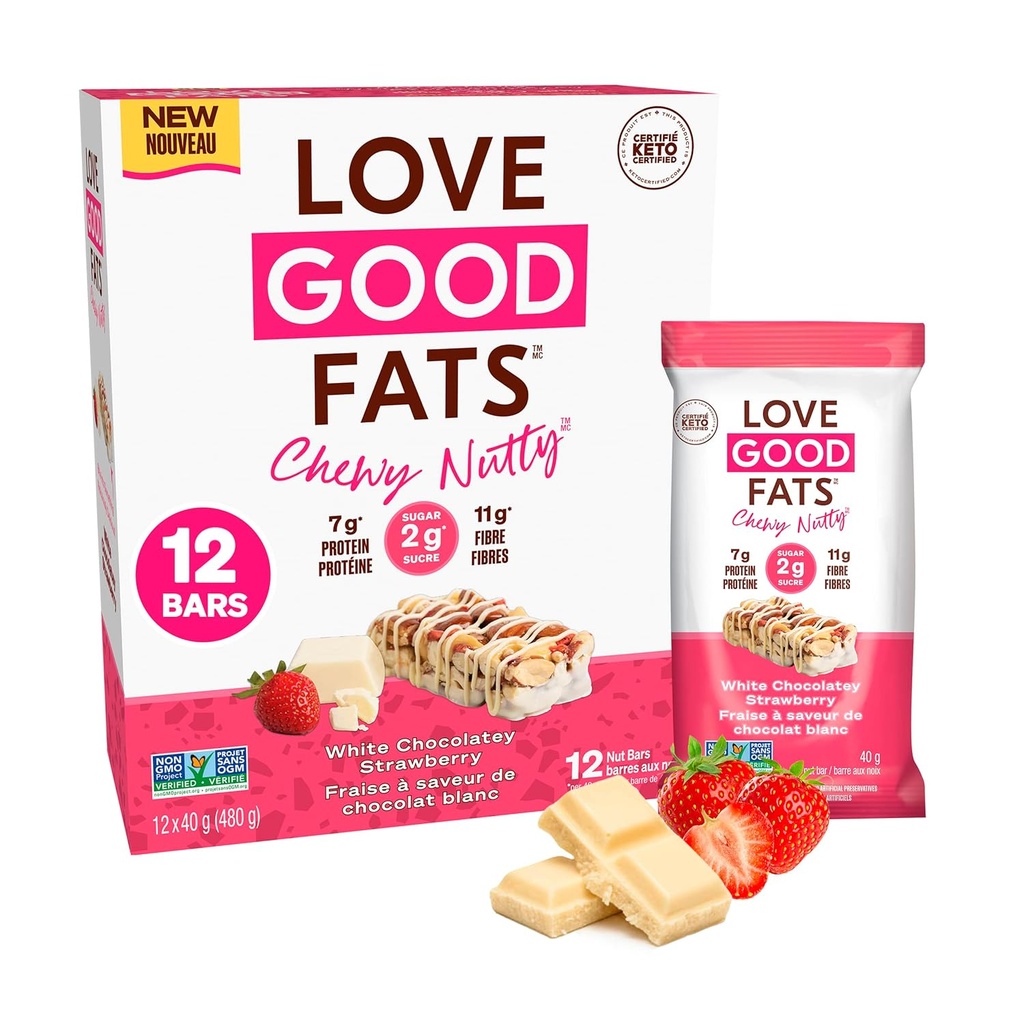 Love Good Fats Chewy Nutty White Chocolatey Strawberry Keto Bars - Σνακ πρωτεΐνης χαμηλής περιεκτικότητας σε υδατάνθρακες - 12 pack (1,59oz / 45g κάθε μπαρ)