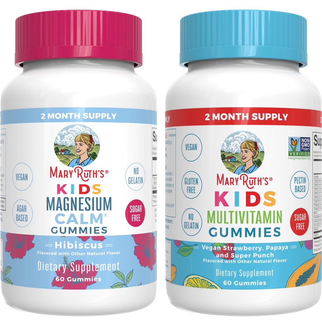 MaryRuth Organics Multivitamin (Strawberry) και Μαγνήσιο Calm Gummies (Hibiscus) για παιδιά 