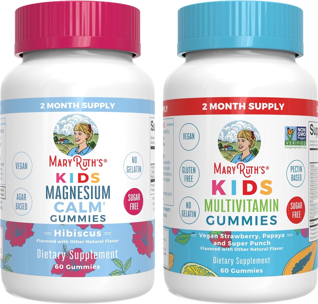MaryRuth Organics Multivitamin (Strawberry) and Magnesium Calm Gummies (Hibiscus) for Kids | Clean Label Project Verified® | Vitamins for Overall Wellness and Sleep| Vegan, Non-GMO, Gluten Free