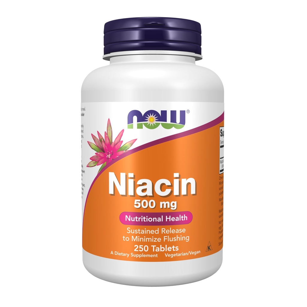 NOW Συμπληρώματα Τροφίμων, Νιασίνη (Vitamin B-3) 500 mg, Παρατεταμένη κυκλοφορία, Διατροφική υγεία, 250 δισκία