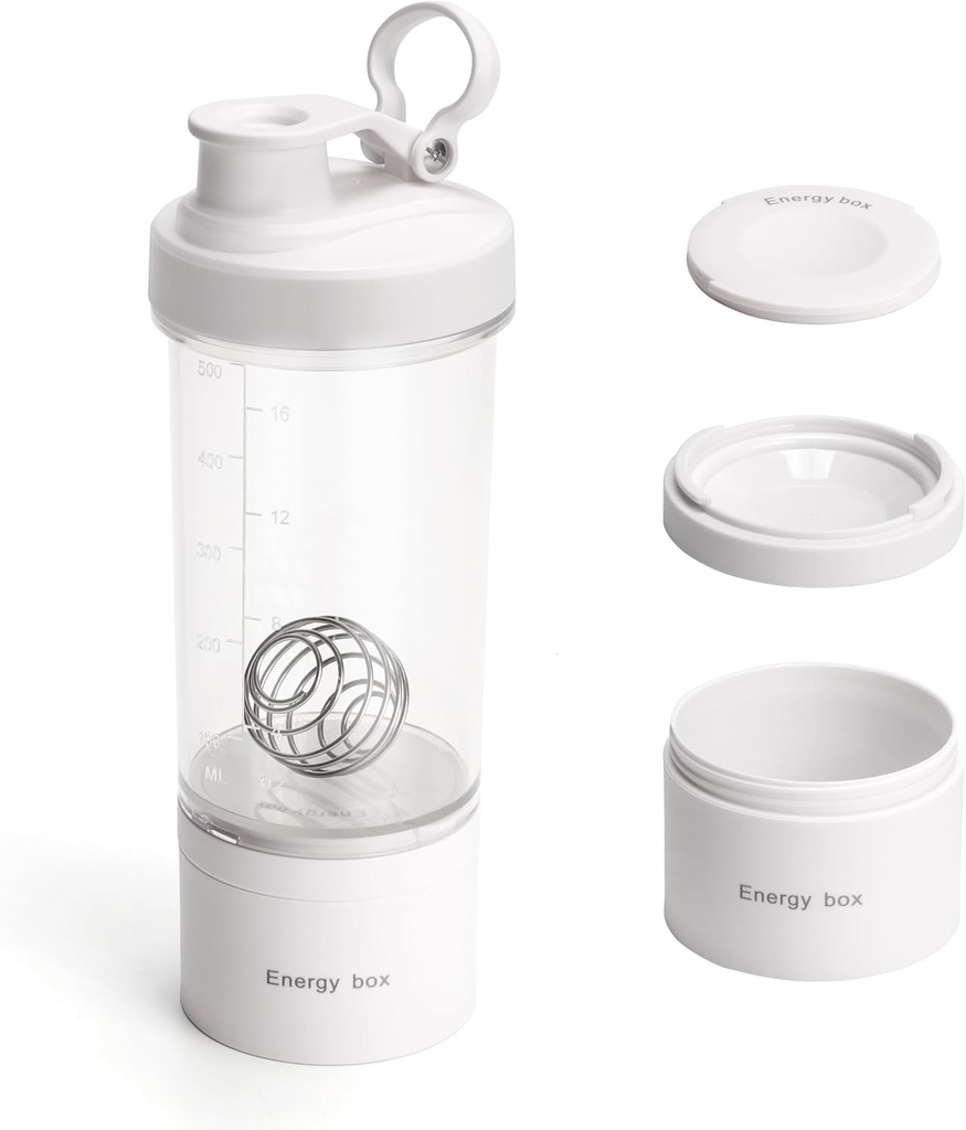 Μπουκάλι Tritan shaker πρωτεΐνης Blender με δοχείο αποθήκευσης χάπι / σκόνης για την πρωτεΐνη Shakes-pre προπόνηση μπουκάλι-Mixer Κύπελλο-Gym Sport Μπουκάλι νερό με μπάλες σύρμα Whisk Λευκό