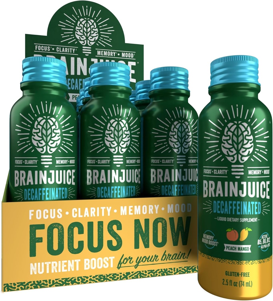 BrainJuice Decaf Brain Support Shot, Gluten Free Supplement Shots for Energy & Focus, Healthy Drinks with Alpha GPC, Vitamin B & Decaffeinated Green Tea Leaf, Peach Mango, 2.5 fl oz, 12 Pack