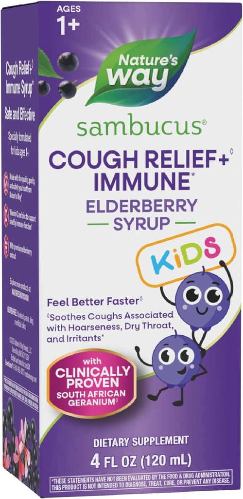 Τρόπος της φύσης Sambucus Kids Cough Relief +♢ Ανοσοποιητικό Σιρόπι *, Αισθανθείτε Καλύτερα Πιο γρήγορα♢, Κλινικά Αποδεδειγμένο Νοτιοαφρικανικό Γεράνιο, με εκχύλισμα Elderberry, Βιταμίνη C & Ψευδάργυρο, Χωρίς Γλουτένη, Vegan, 4 Fl Oz
