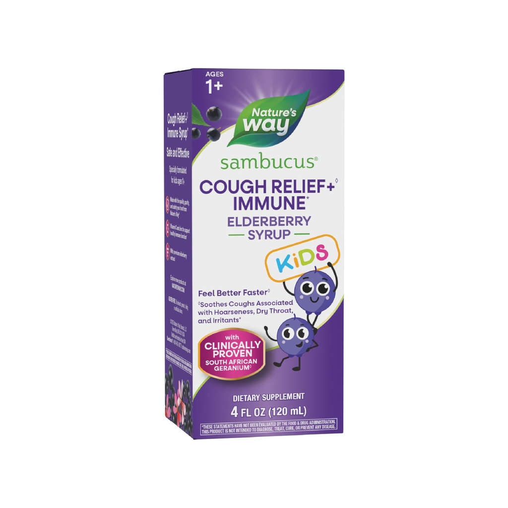 Τρόπος της φύσης Sambucus Kids Cough Relief +♢ Ανοσοποιητικό Σιρόπι *, Αισθανθείτε Καλύτερα Πιο γρήγορα♢, Κλινικά Αποδεδειγμένο Νοτιοαφρικανικό Γεράνιο, με εκχύλισμα Elderberry, Βιταμίνη C & Ψευδάργυρο, Χωρίς Γλουτένη, Vegan, 4 Fl Oz