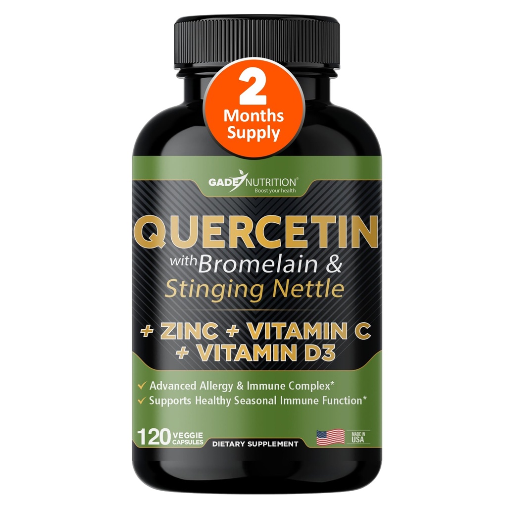 Quercetin με βιταμίνη C και ψευδάργυρο - Nettle Quercetin - Quercetin 500mg - Quercetin με Bromelain - Ψευδάργυρος Quercetin + Βιταμίνη D3 - 120 Veggie Caps - (Non-GMO, Gluten-free, Vegan) - 2 Μήνες προσφοράς
