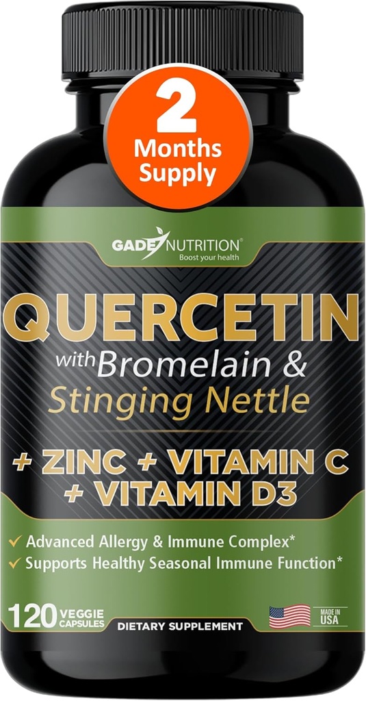 Quercetin με βιταμίνη C και ψευδάργυρο - Nettle Quercetin - Quercetin 500mg - Quercetin με Bromelain - Ψευδάργυρος Quercetin + Βιταμίνη D3 - 120 Veggie Caps - (Non-GMO, Gluten-free, Vegan) - 2 Μήνες προσφοράς