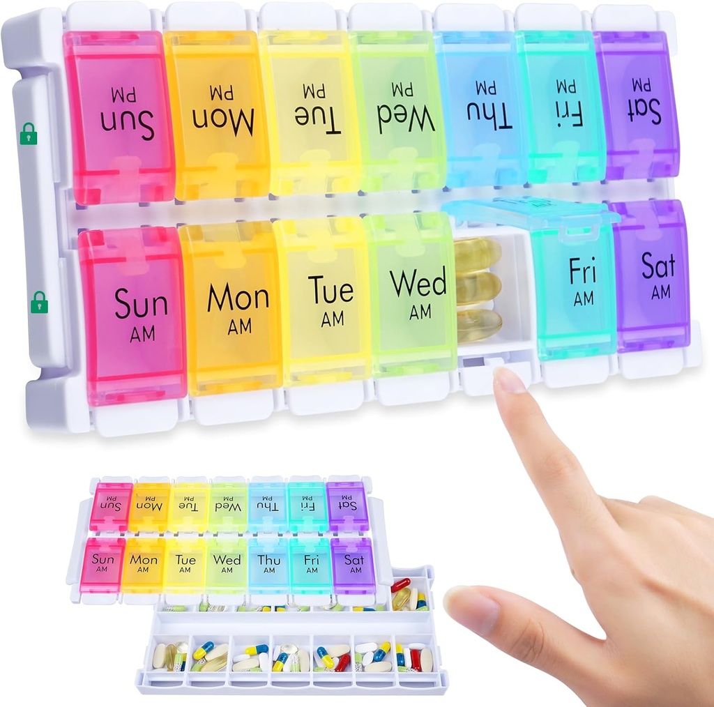 MERICARGO Weekly Pill Organizer 2 φορές την ημέρα, Easy Fill Large Pill Box 7 Day, Am Pm Medicine Organizer, Push Button Καθημερινή περίπτωση χάπια για βιταμίνη, ιχθυέλαιο, συμπληρώματα