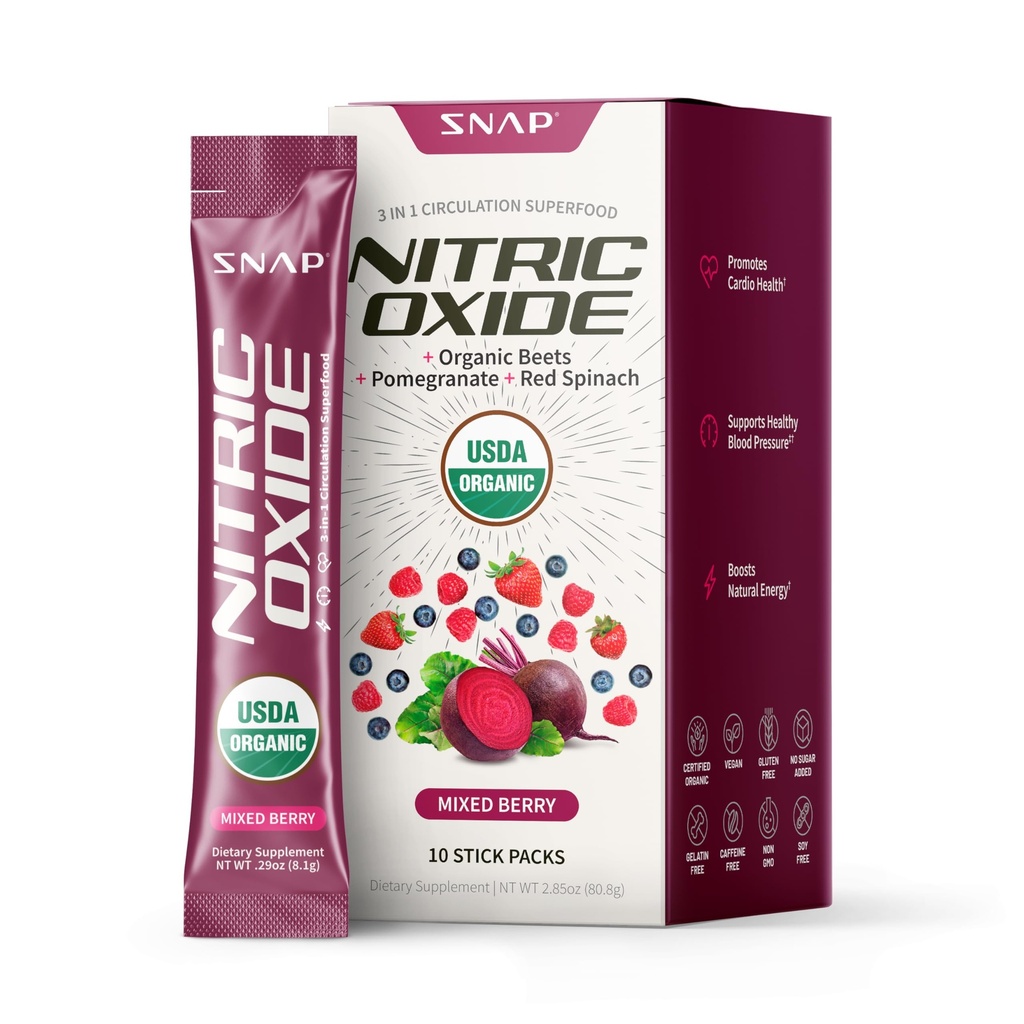 Συμπληρώματα Snap USDA Organic Beet Root Nitric Oxide Supplement, υποστηρίζει την κυκλοφορία και την υγιή πίεση του αίματος ήδη μέσα στο φυσιολογικό εύρος, 10 πακέτα Single-Serve, Μικτό μούρο