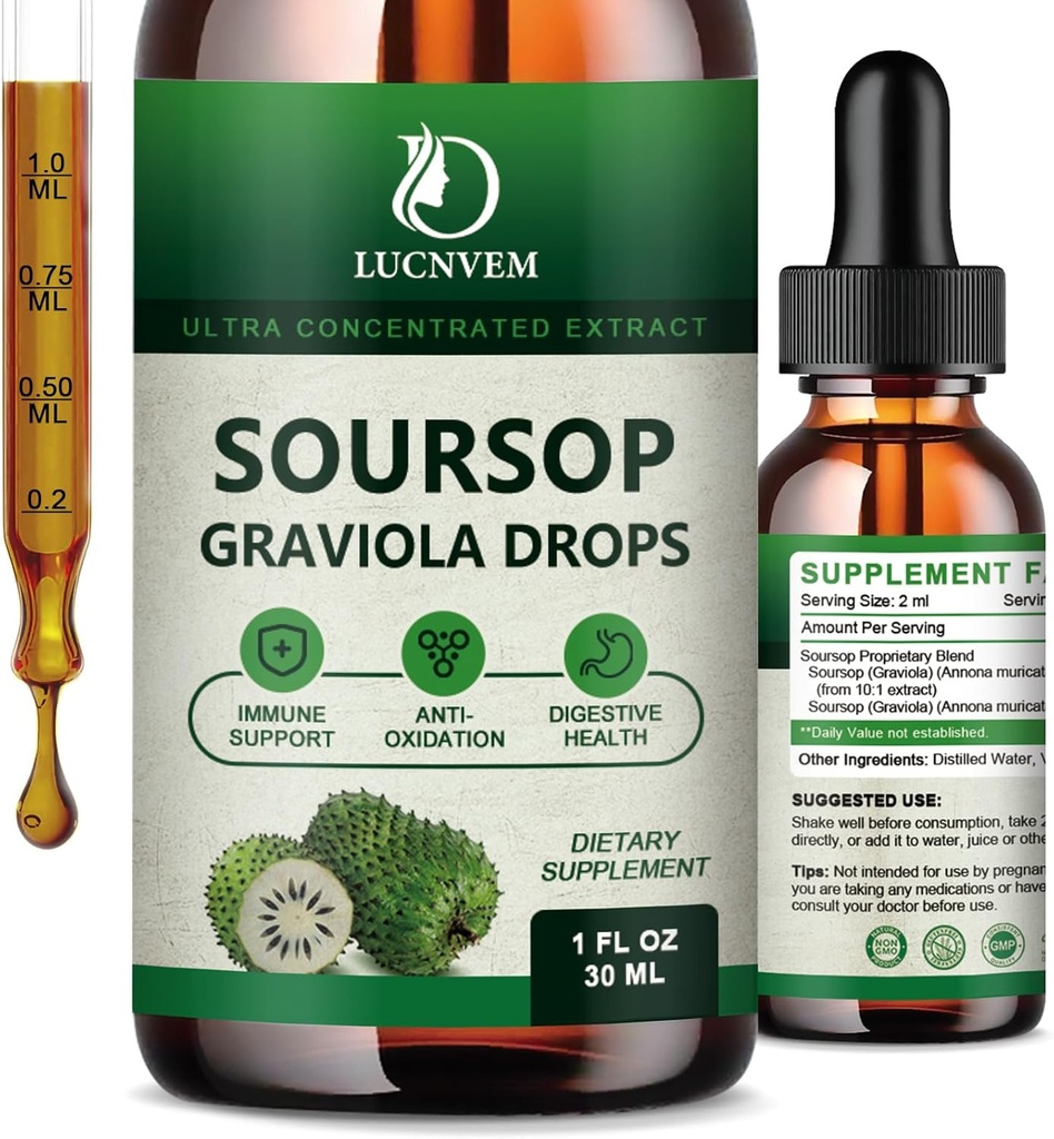 Soursop Graviola Liquid Drops 2000mg, εκχύλισμα Soursop Organic Pure for Natural Antioxidant, Cell Support & Regeneration, Immune Boost, Soursop Bitters Liquid - Soursop Flavor- 1 FL OZ
