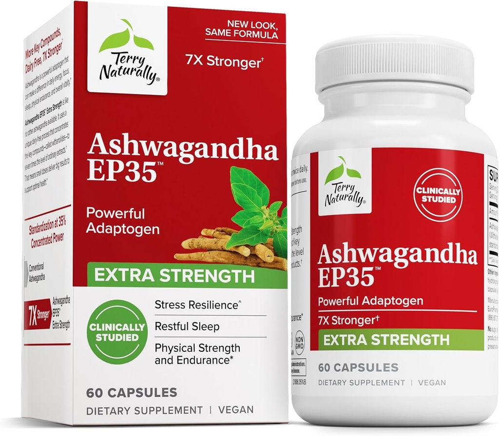 Terry Naturally Ashwagandha EP35 Extra Strength - Herbal Supplement for Sleep Support - Aid Healthy Stress Response - Endurance & Energy Support - 60 Capsules (60 Servings)