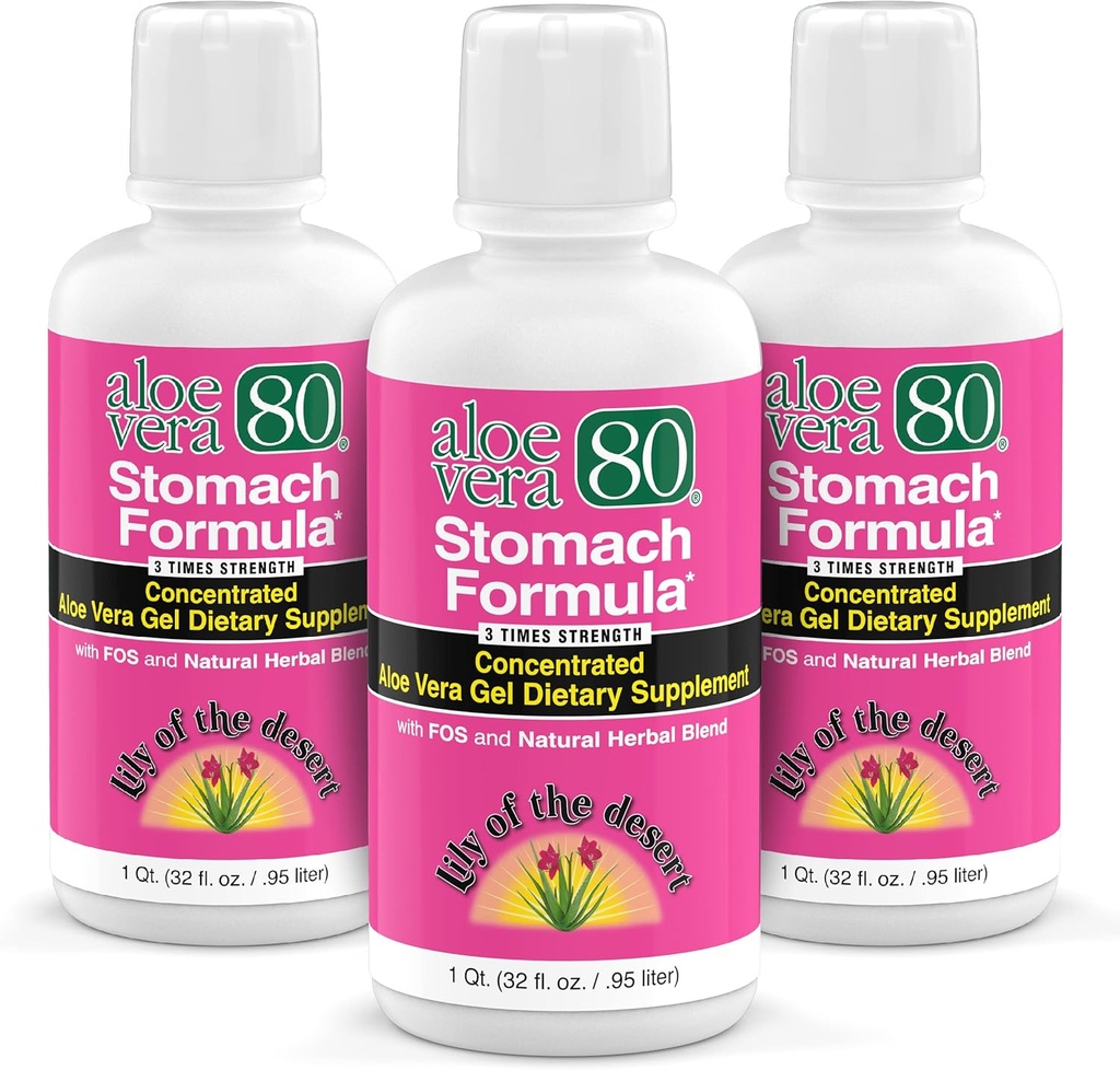 Lily Of The Desert Stomach Formula, Aloe Vera 80 Gel - Συμπυκνωμένο χυμό αλόης Βέρα με Slippery Elm, χαμομήλι, μέντας, και τζίντζερ για την υγεία των ούλων, Heartburn, Acid Relux, 32 Oz (Pack of 3)
