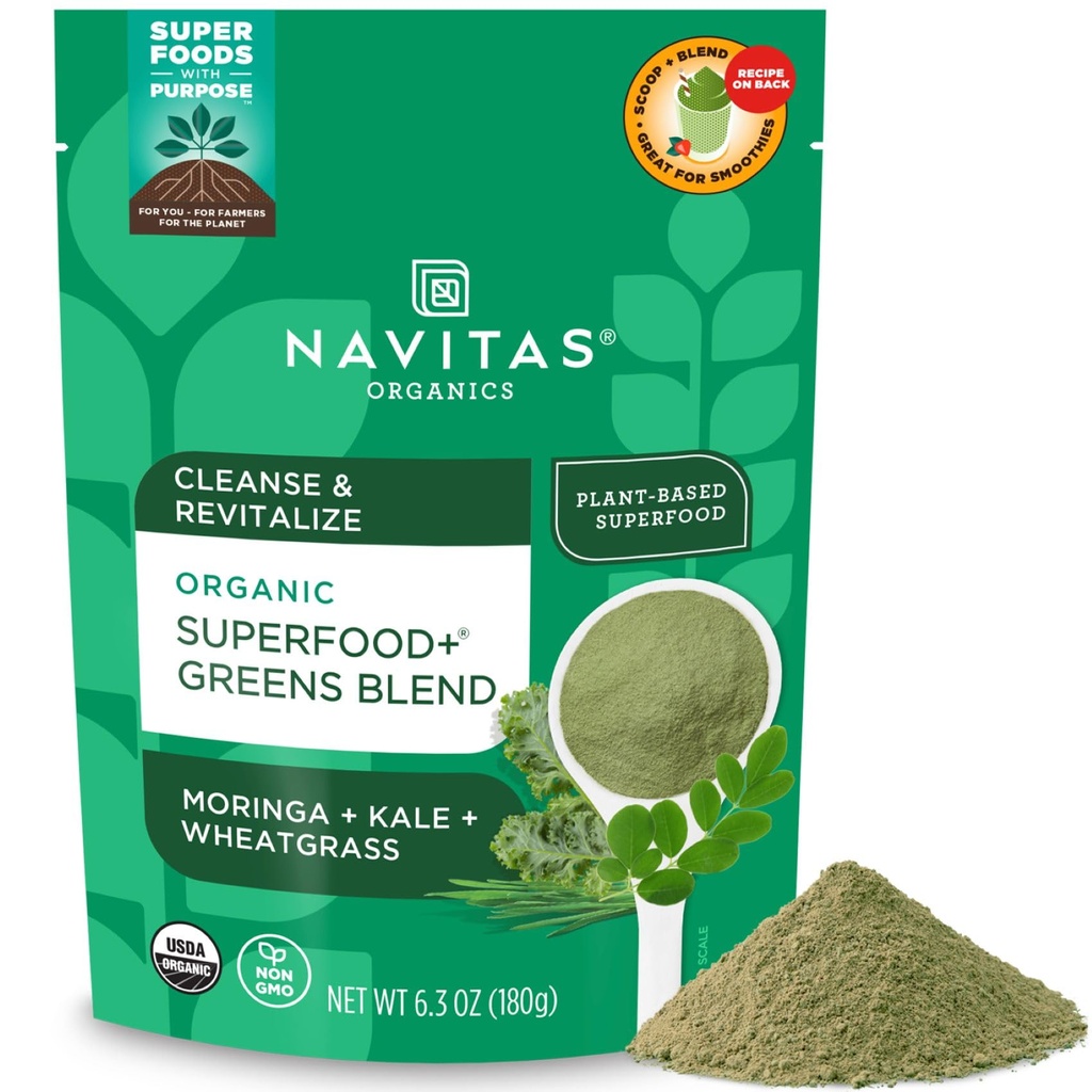 Navitas Organics Superfood+ Greens Blend for Detox Support (Moringa + Kale + Wheatgrass), 6.3oz Τσάντα, 30 Μερίδες — Βιολογικές, μη ΓΤΟ, Vegan, Χωρίς Γλουτένη, Κέτο & Παλαιό....