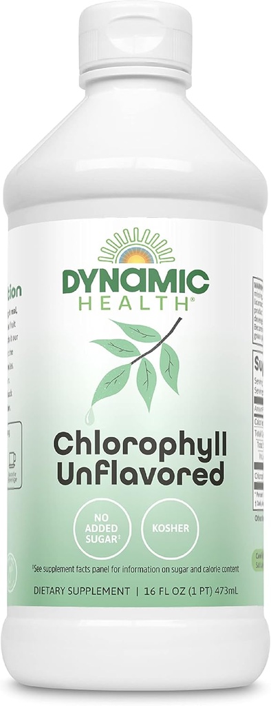 Dynamic Health Liquid Chlorophyl Unflavored 100 mg, Sodium Copper Chlorophyllins with Alfalfa and Mulberry Leaves, Plant Cleanse and Deodorizing, No Added Sugar, 16 Fl Oz