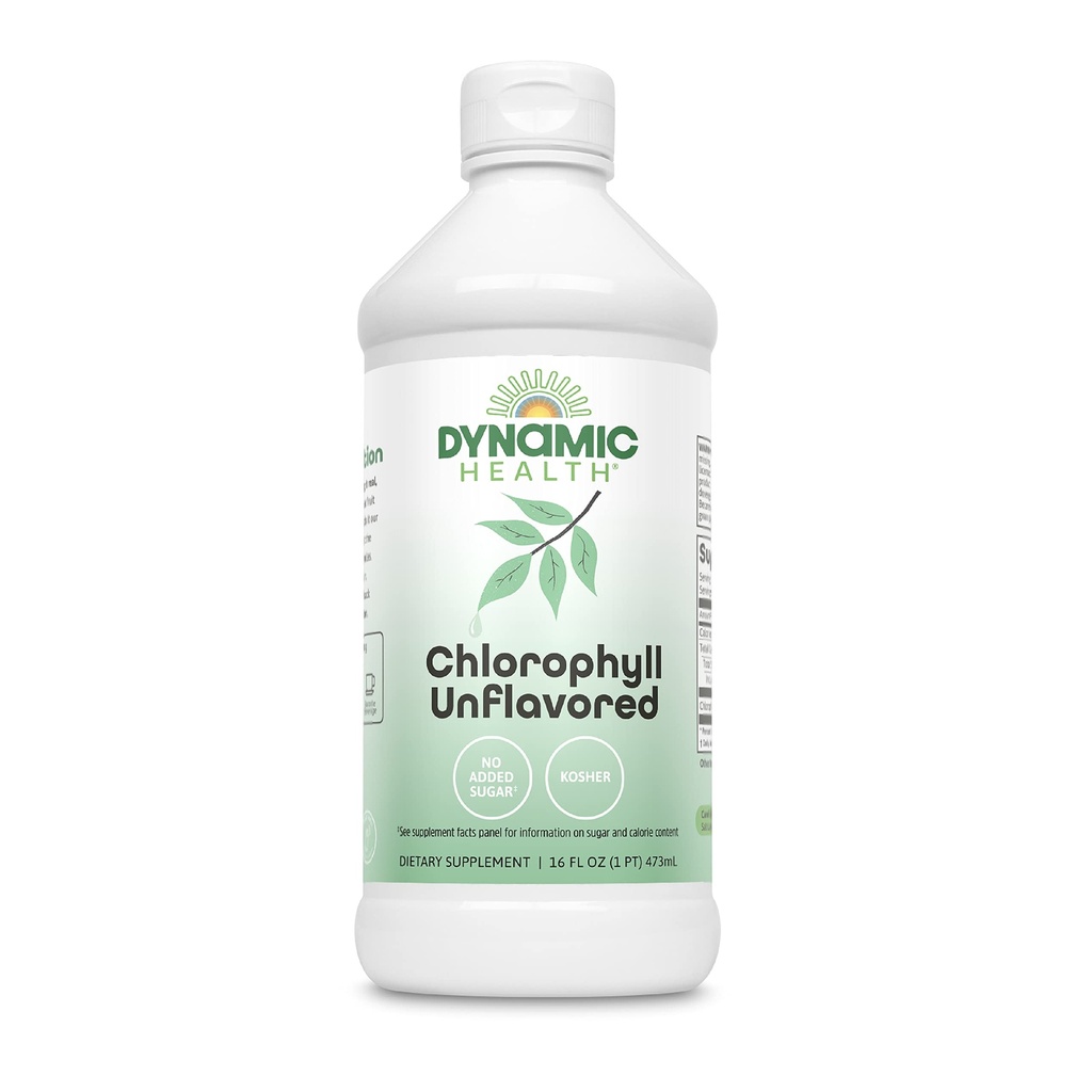Dynamic Health Liquid Chlorophyll Unflavored 100 mg, Sodium Copper Chlorophyllins with Alfalfa and Mulberry Leaves, Plant Cleanse and Deodorizing, No Added Sugar, 16 Fl Oz