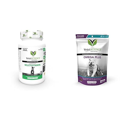 VetriScience Canine Plus MultiVitamin για σκύλους, 90 δισκία & Omega Plus Advanced συμπλήρωμα δέρματος για σκύλους, 40 μάσημα