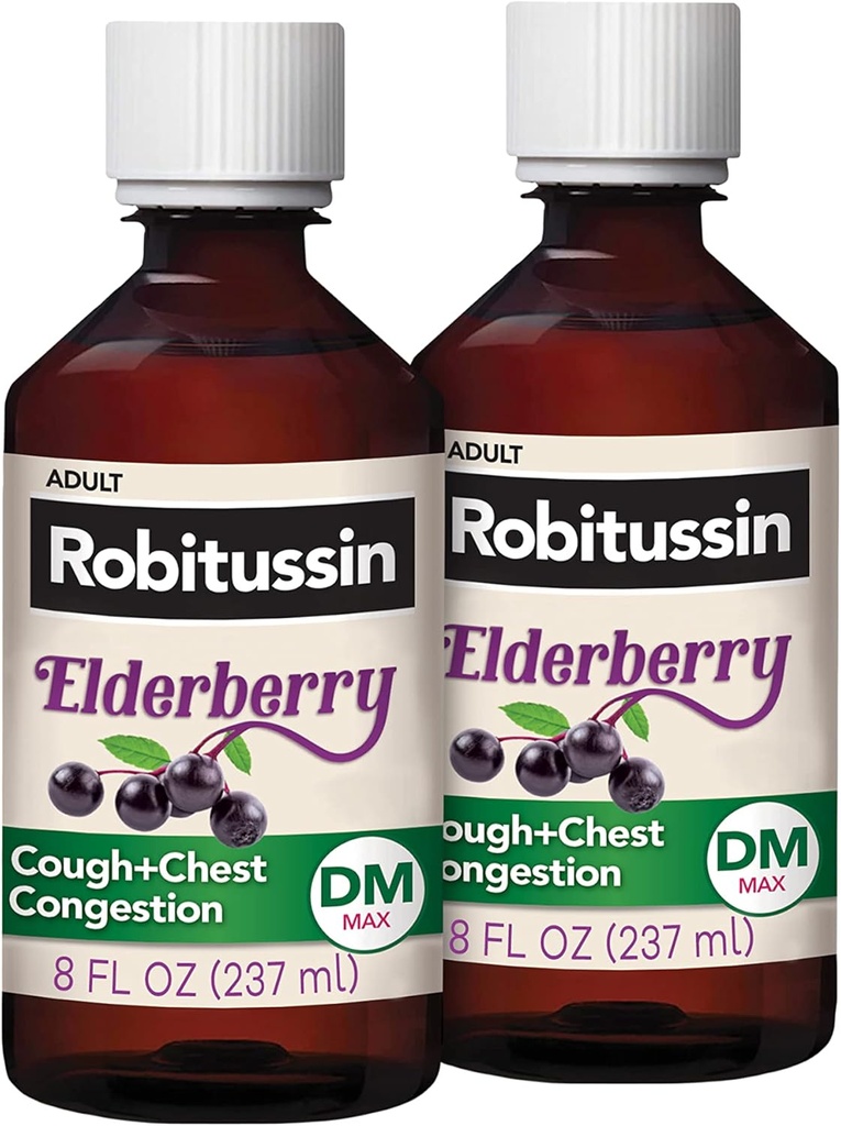 Robitussin Μέγιστη δύναμη Βήχας Elderberry Plus Θώρακος Συμφόρηση DM, Βήχας Καταπιεστικό για ενήλικες, Παροχή μη υπνηλία Υγρού Βήχα και Θώρακα Συμφορητική ανακούφιση - 2x8 Fl Oz