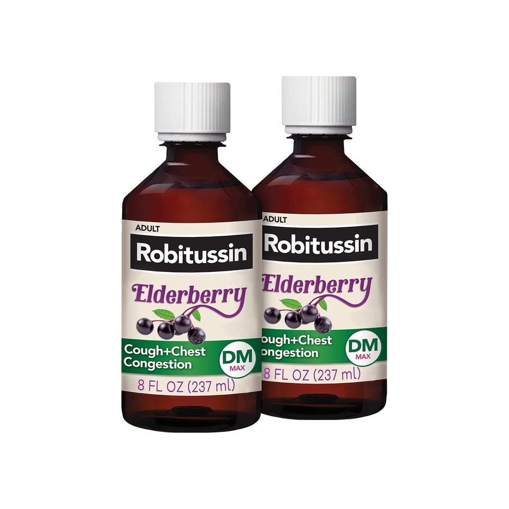 Robitussin Μέγιστη δύναμη Βήχας Elderberry Plus Θώρακος Συμφόρηση DM, Βήχας Καταπιεστικό για ενήλικες, Παροχή μη υπνηλία Υγρού Βήχα και Θώρακα Συμφορητική ανακούφιση - 2x8 Fl Oz