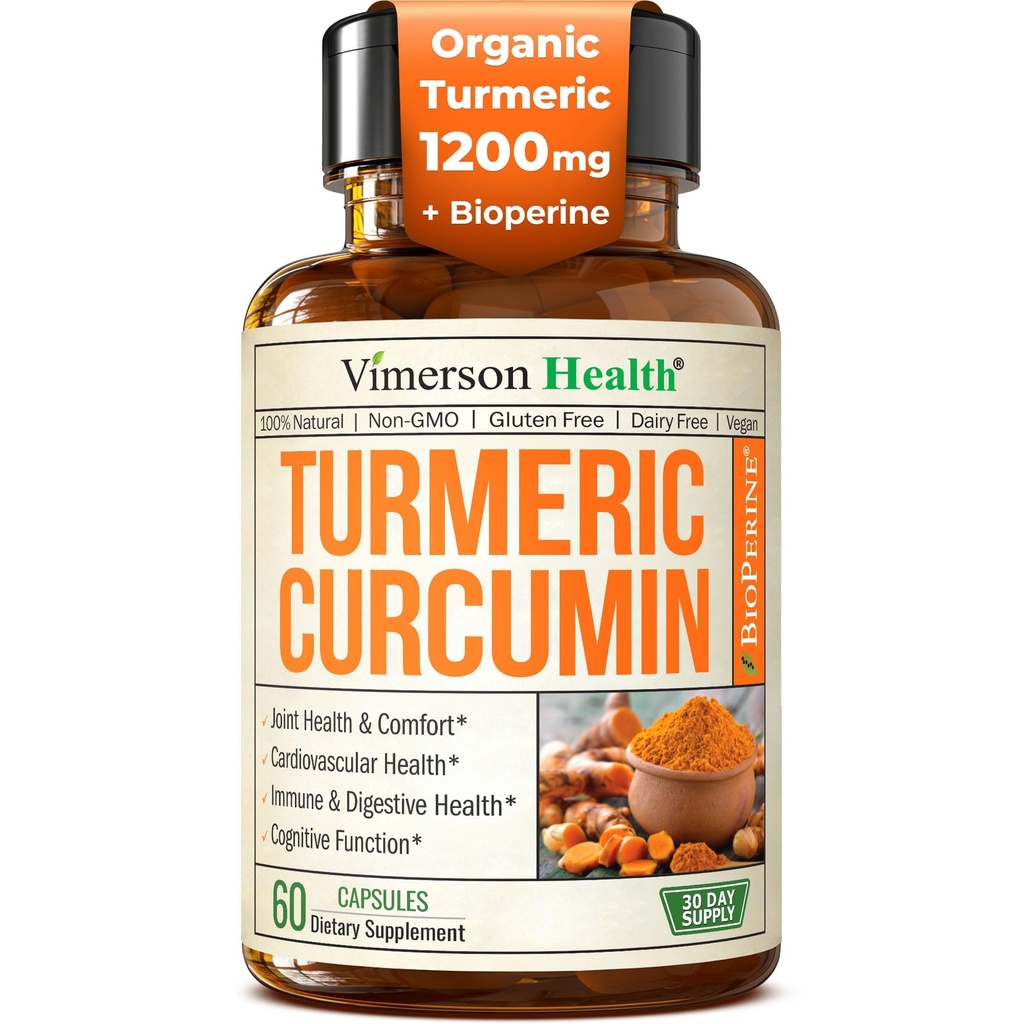 Turmeric with Black Pepper - High Potency Organic 1200mg Turmeric Curcumin Supplement for Joint Support & Digestive Health - Curcumin with Black Pepper for High Absorption - Non-GMO - 60 Capsules