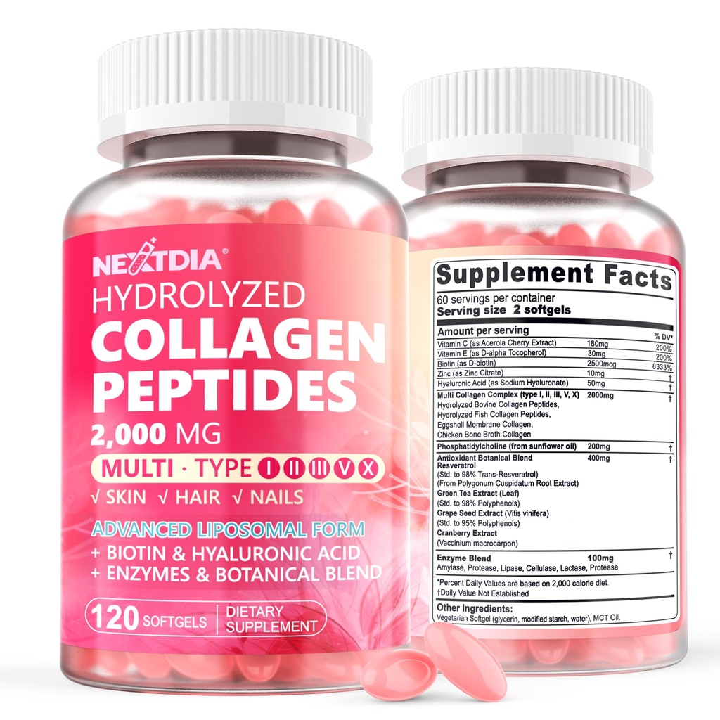 2 Pack Liposomal Collagen Peptides χάπια για τις γυναίκες 2000mg, Multi Hydrolyzed Collagen Type I, II, III, V, X με 2500mcg Biotin - Collagen Συμπληρώματα Softgels με τα μαλλιά, δέρμα & νύχια Βιταμίνες, 240 Cts