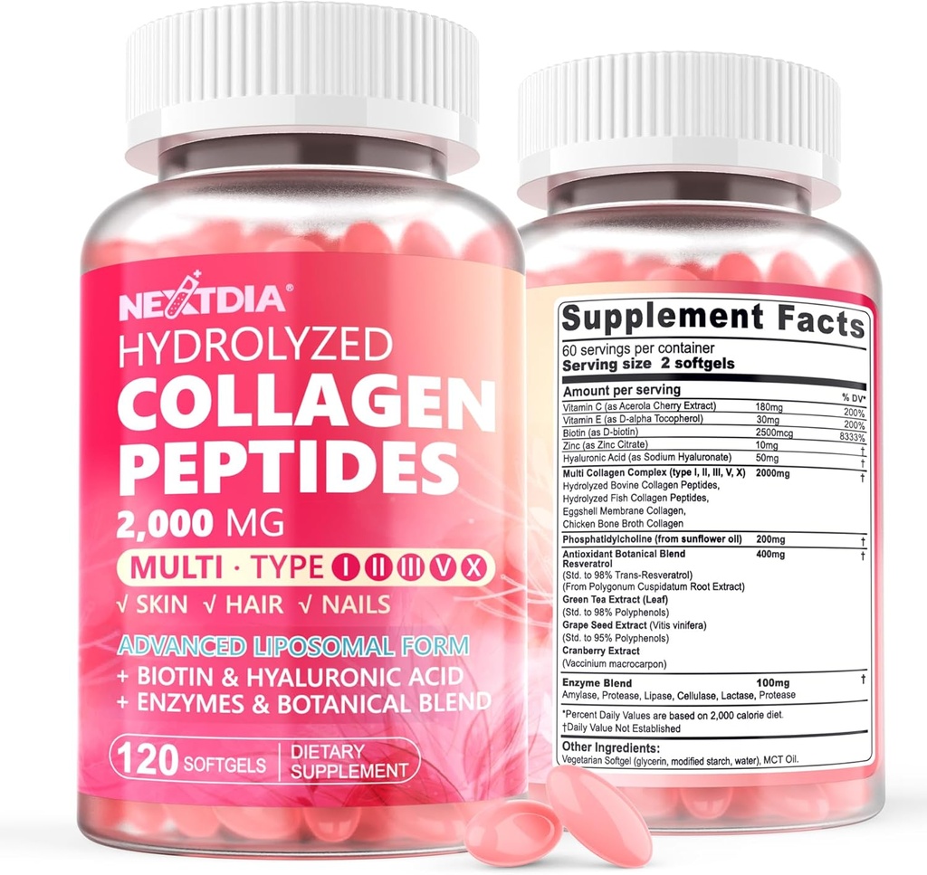 2 Pack Liposomal Collagen Peptides χάπια για τις γυναίκες 2000mg, Multi Hydrolyzed Collagen Type I, II, III, V, X με 2500mcg Biotin - Collagen Συμπληρώματα Softgels με τα μαλλιά, δέρμα & νύχια Βιταμίνες, 240 Cts