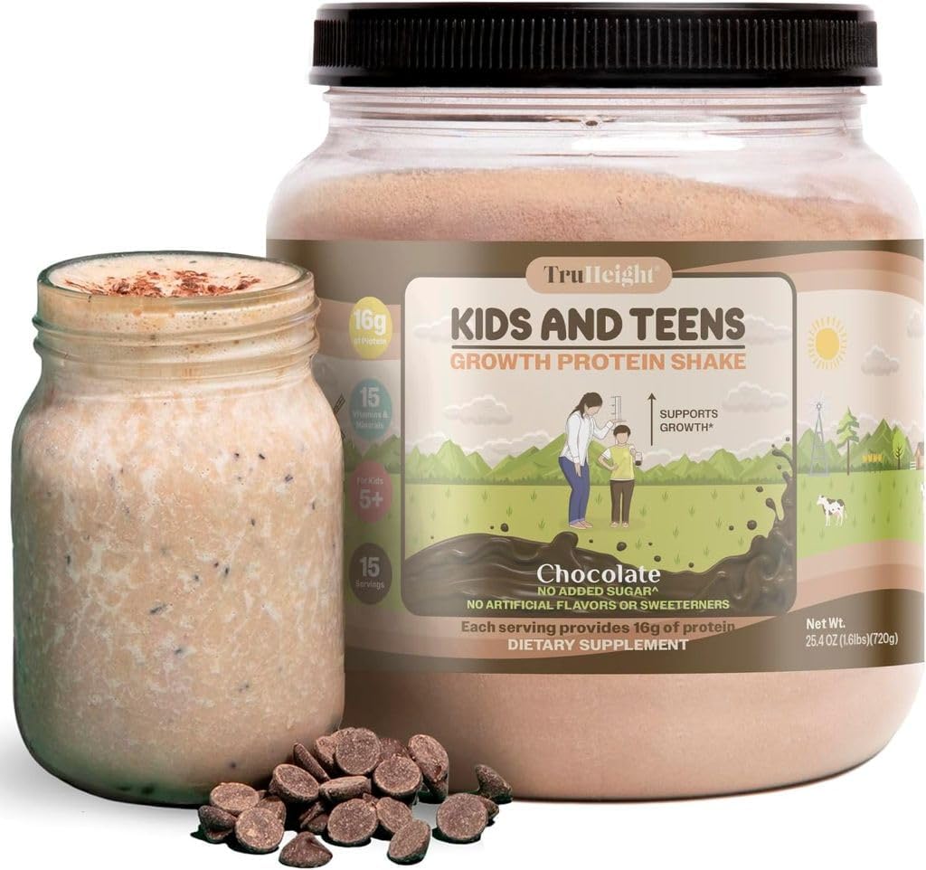 TruHeight Growth Protein Shake (Chocolate Milk Flavor, Whey) Φυσική ανάπτυξη & ανάπτυξη Protein Powder for Kids & Teens - Βάρος Κερδίστε Ποτά - Υπολογίζεται από Παιδιατρικούς, Picky Eater Vitamin, Ηλικίες 4+