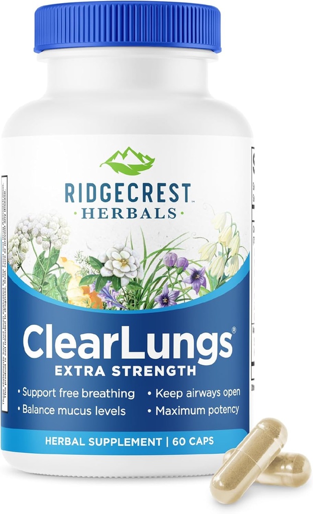 RidgeCrest Herbals ClearLungs Extra Strength, Φυσικός Πνεύμονας, Ρινική Φόρμουλα Υγείας, Bronchial, αναπνευστικό, Sinus, Mucus Support (60 Caps, 30 Serv)