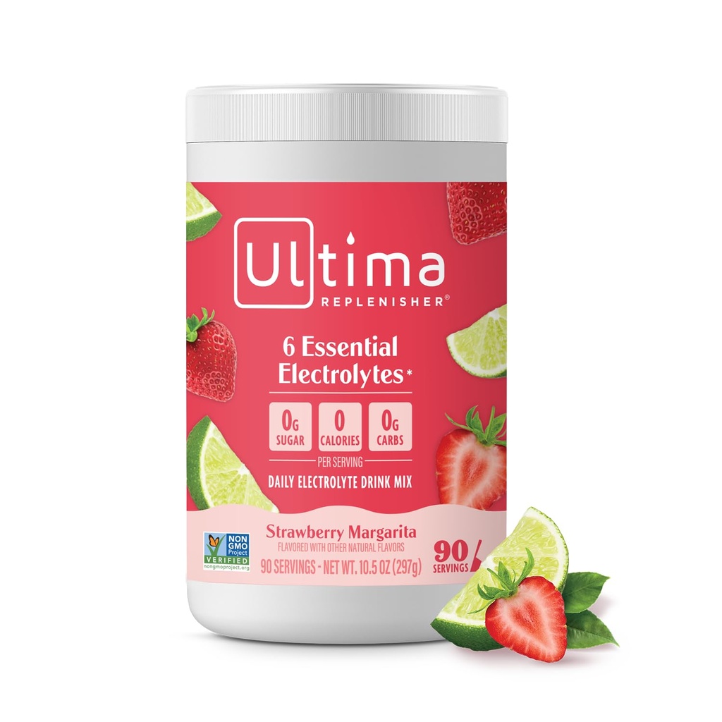Ultima Replenisher Daily Electrolyte Powder Drink Mix – Sugar Free – Strawberry Margarita, 90 Servings – Hydration Powder with 6 Key Electrolytes and Trace Minerals – Keto Friendly, Non-GMO
