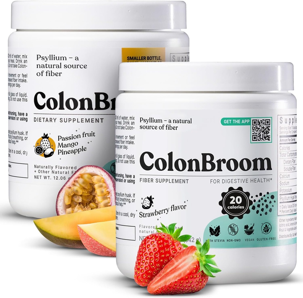 ColonBroom Psyllium Husk Powder (Strawberry & Tropical Fruits) - Colon Broom Colon Cleanse για το Bloating Relief & Gut Health - Fiber Powder Drink - Vegan, Χωρίς γλουτένη, Μη ΓΤΟ Συμπλήρωμα σκόνης ινών