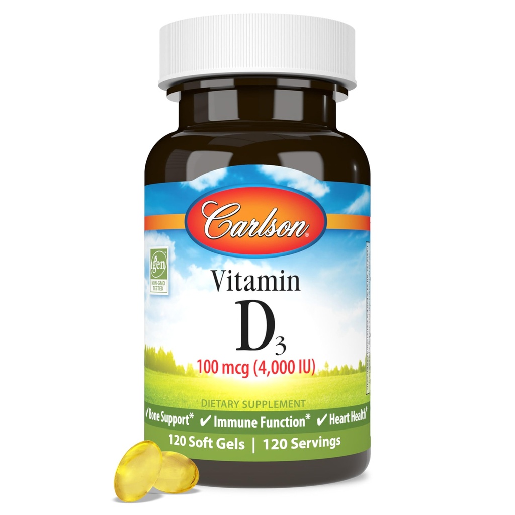 Carlson - Βιταμίνη D3, 4000 IU (100 mcg), συμπληρώματα βιταμίνης D, Οστική & Ανοσολογική Υγεία, συμπλήρωμα χοληκαλσιφερόλης, κάψουλες χωρίς γλουτένη Βιταμίνη D, 120 Softgels