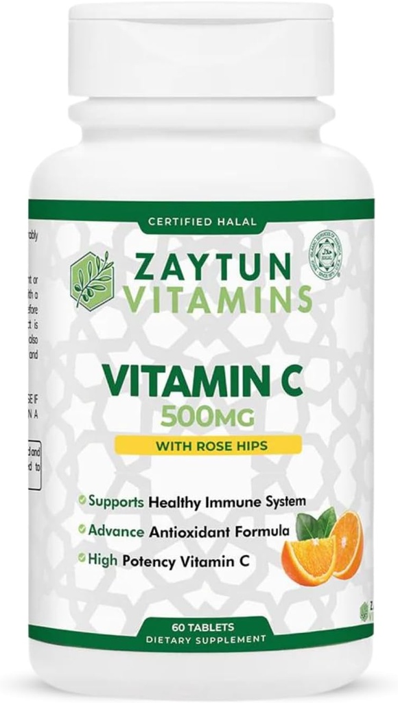 Halal Vitamin C 500mg Δισκία με Rose HIPS Υποστηρίζει ανοσοποιητικό σύστημα, Φυσικό Αντιοξειδωτικό με Citrus Bioflavonoids - Vegan - Χωρίς γλουτένη - 2 Μήνες Προσφορά - Halal Vitamins