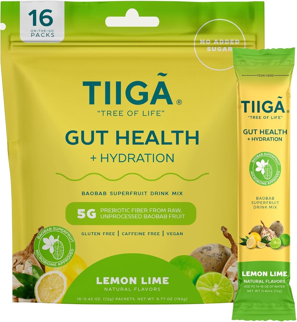 Tiiga Gut Υγεία + Ενυδατικό ποτό Μίγμα – 7g Baobab, 5g Προβιοτικές Ίνες, Ηλεκτρόλυτες, Όχι Γαλακτοκομικά, Vegan, Όχι Προστιθέμενη Ζάχαρη, Πέψη, Κανονικότητα, & Δυσκοιλιότητα – 16 Σερβιέτες
