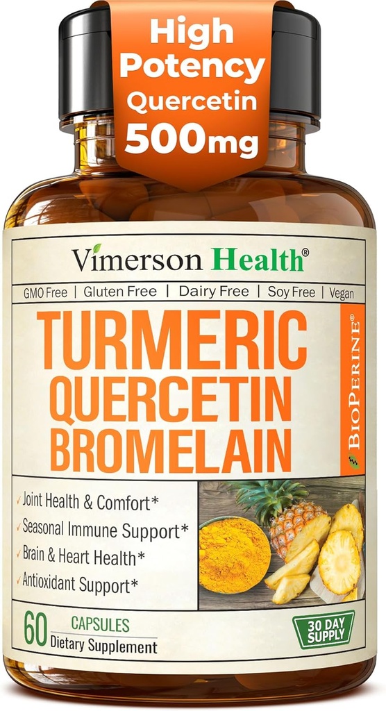 Quercetin με Bromelain Turmeric Curcumin Supplement – Αλλεργία Ανακούφιση, Κοινή & Ανοσολογική Υποστήριξη – Βιολογικό συμπλήρωμα κουρκουμά με Μαύρο Πιπέρι (Βιοπερίνη) – 60 Κάψουλες Quercetin 500mg