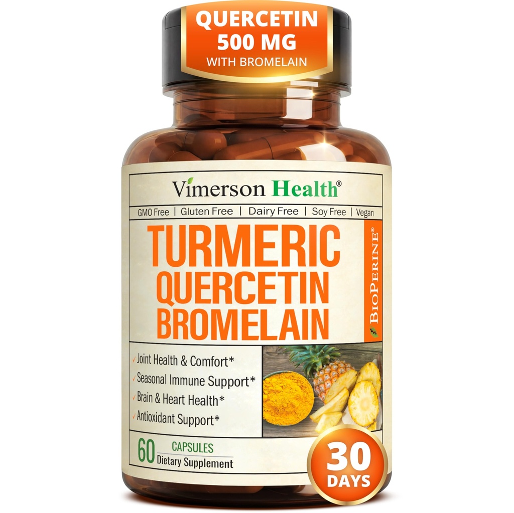 Quercetin με Bromelain Turmeric Curcumin Supplement – Αλλεργία Ανακούφιση, Κοινή & Ανοσολογική Υποστήριξη – Βιολογικό συμπλήρωμα κουρκουμά με Μαύρο Πιπέρι (Βιοπερίνη) – 60 Κάψουλες Quercetin 500mg